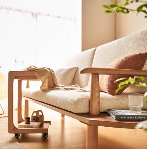 Otoya Japanese Minimalist Ash Wood Sofa with Lambskin Cushions